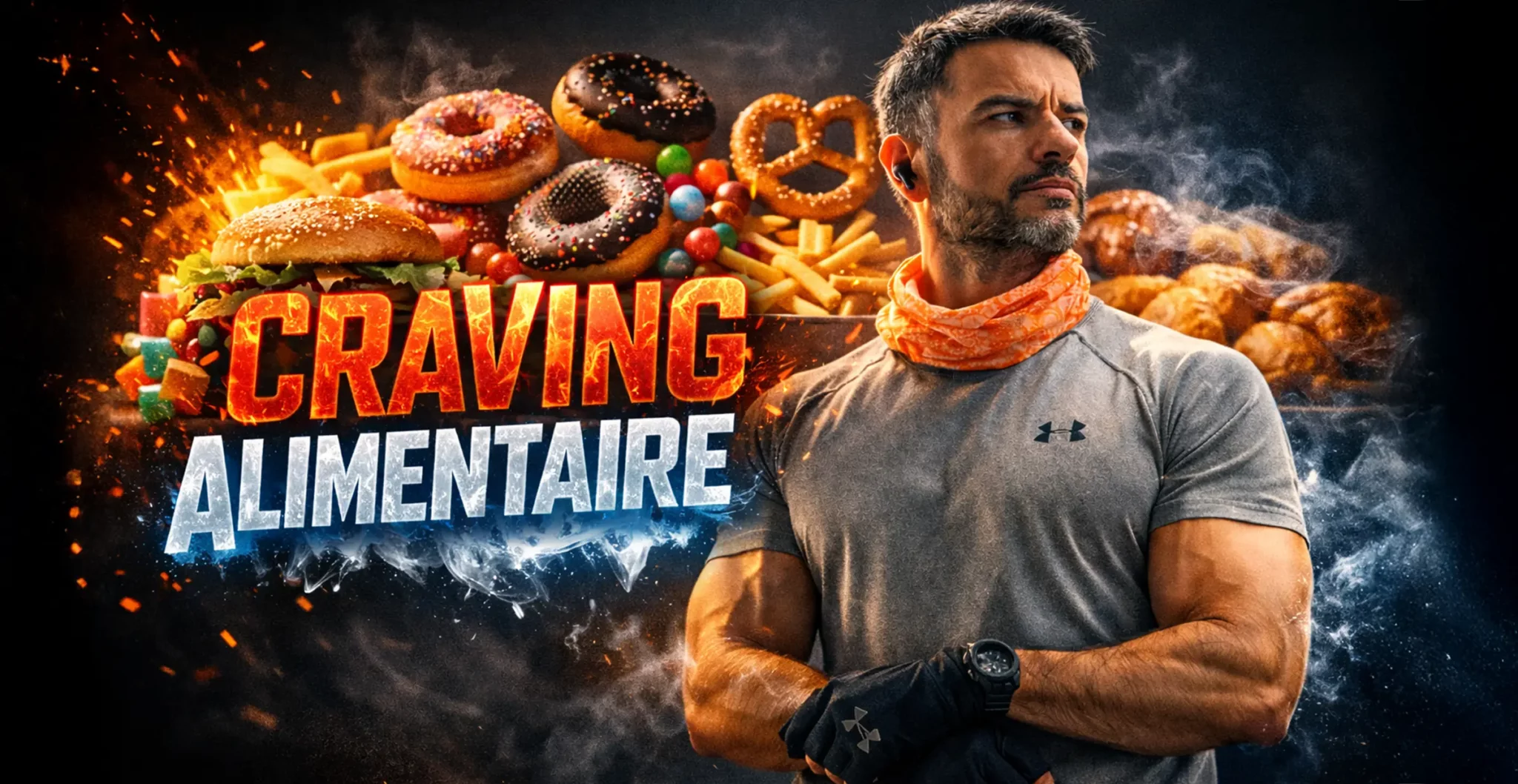 Homme sportif musclé bras croisés face à un explosion de donuts, burgers et sucreries — craving alimentaire : comment arrêter les envies de sucre et de gras le soir
