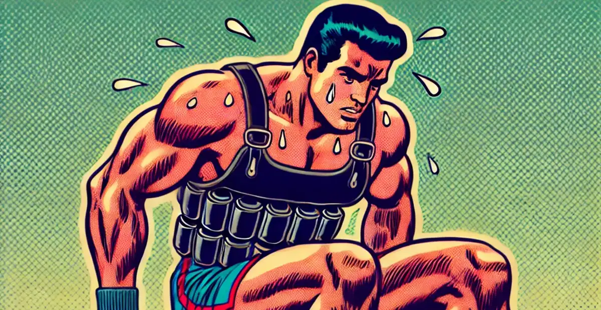 Homme musclé s'entraînant intensément avec un gilet lesté, illustration de musculation et d'effort.