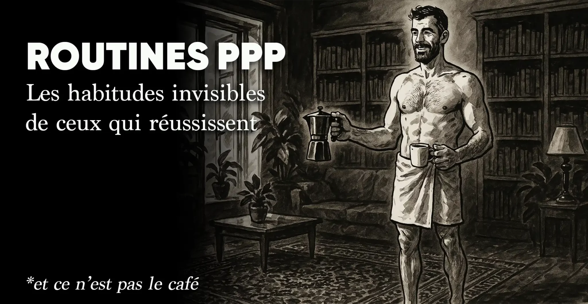 Homme musclé en serviette, tenant une cafetière dans un salon vintage, représentant une routine matinale efficace et invisible.
