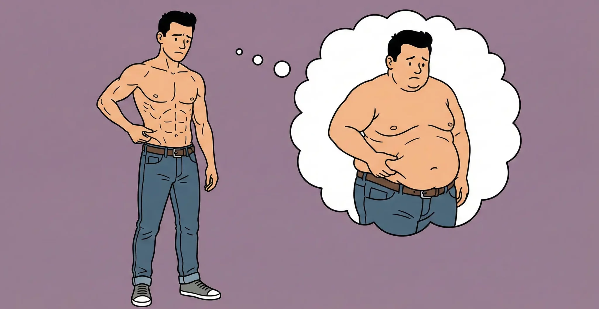 Illustration d'un homme musclé pinçant sa peau et imaginant son ancienne silhouette obèse. Représentation du concept de mémoire des cellules graisseuses : les adipocytes se vident lors de la perte de poids mais ne disparaissent jamais, restant prêts à se remplir de nouveau (phénomène d'hypertrophie vs hyperplasie).