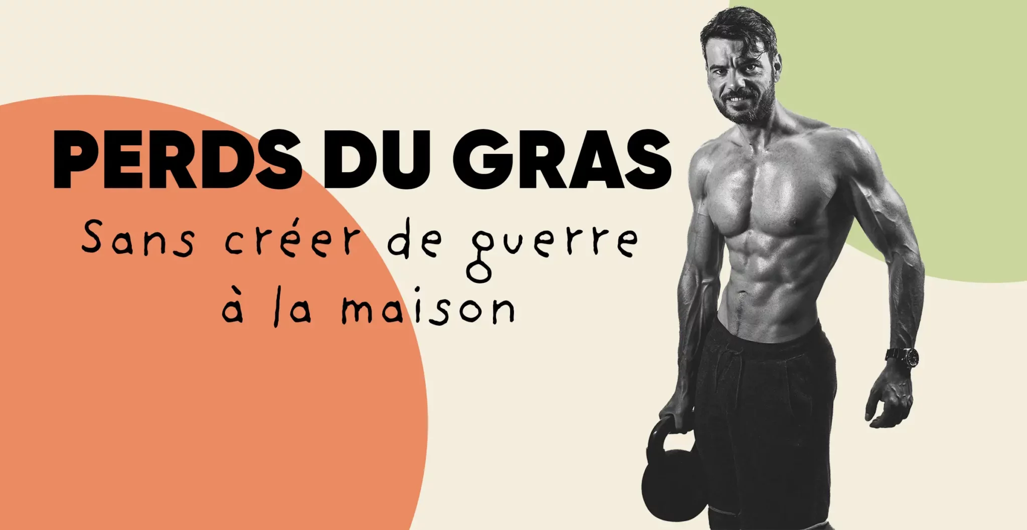 Homme musclé tenant une kettlebell sur fond coloré, illustration de la musculation sèche et de l’équilibre avec la vie de couple.