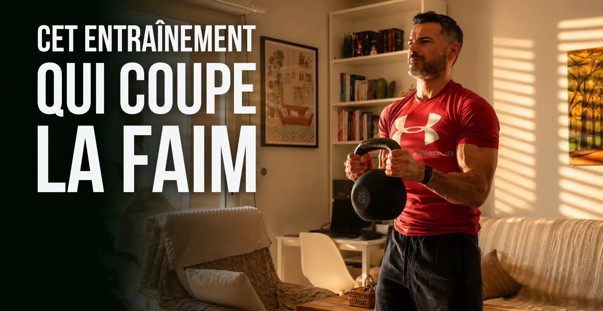Homme s’entraînant avec une kettlebell dans un salon pour illustrer un entraînement coupe-faim après l’effort.