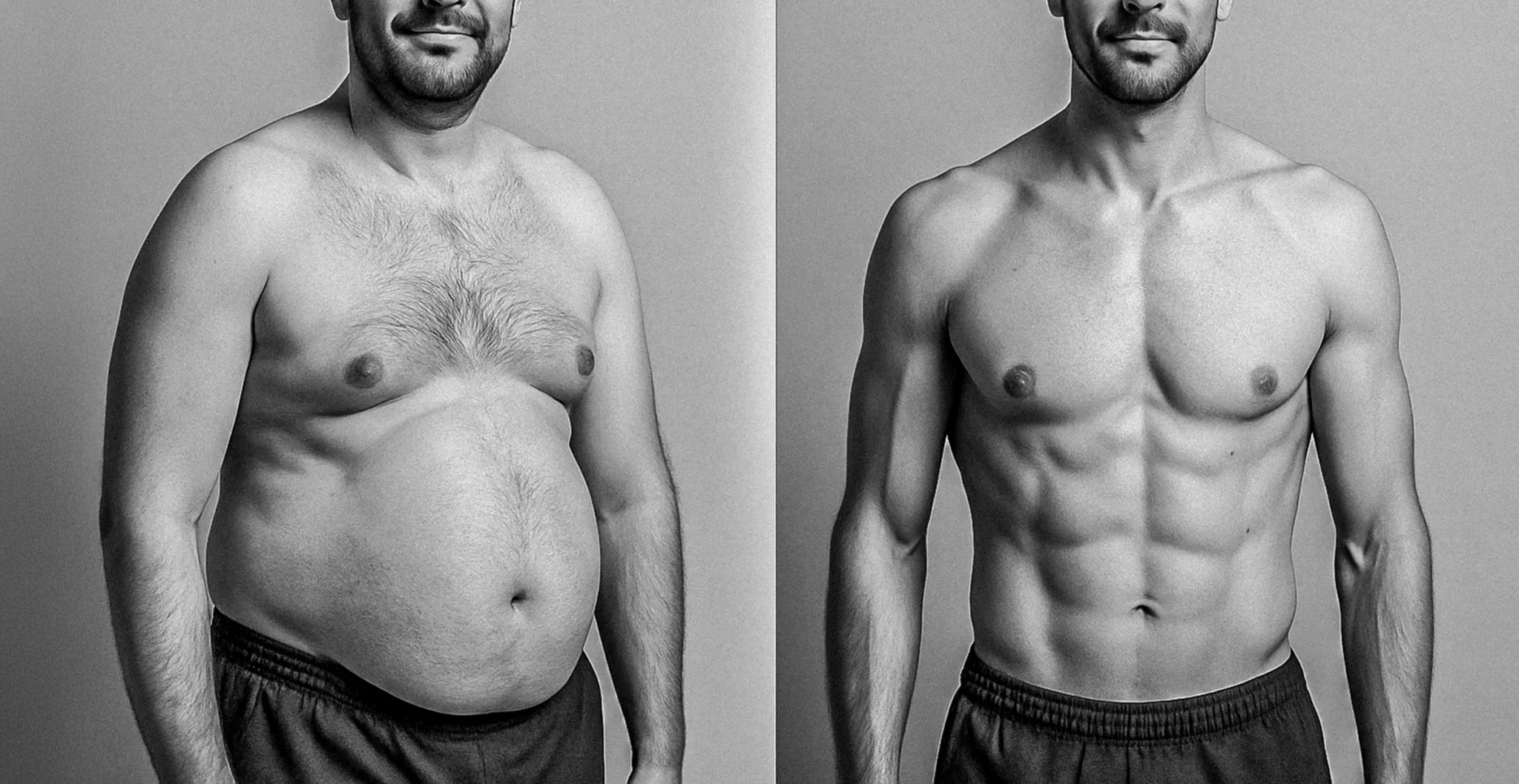 transformation homme : ventre rond avant, ventre plat après programme nutrition et HIIT
