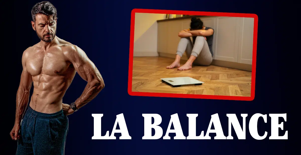 Un homme musclé à gauche et une femme en détresse devant une balance à droite, illustrant l'obsession du poids dans la musculation et les régimes.