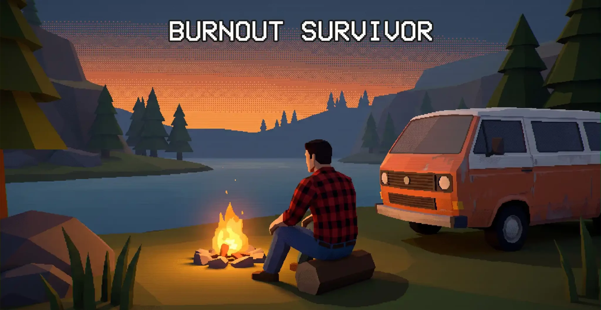 Burnout et récupération d'énergie, homme au calme près d'un feu au bord d'un lac