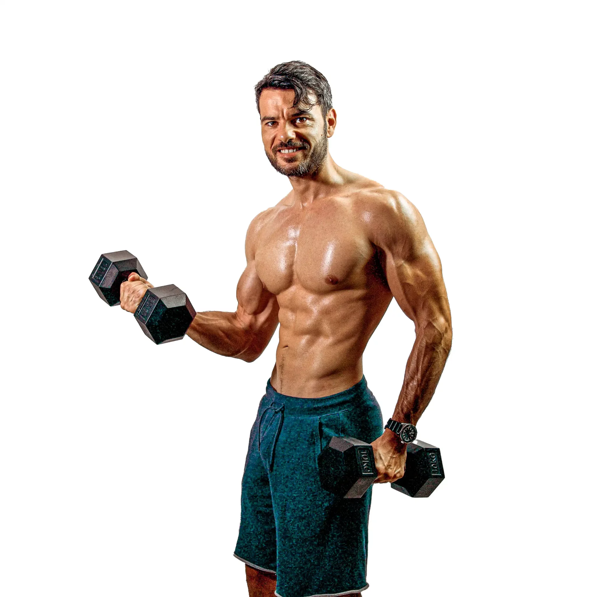 Coach musculation en ligne avec expérience – corps sec et musclé, haltères en main – spécialisation diète et entraînement personnalisé