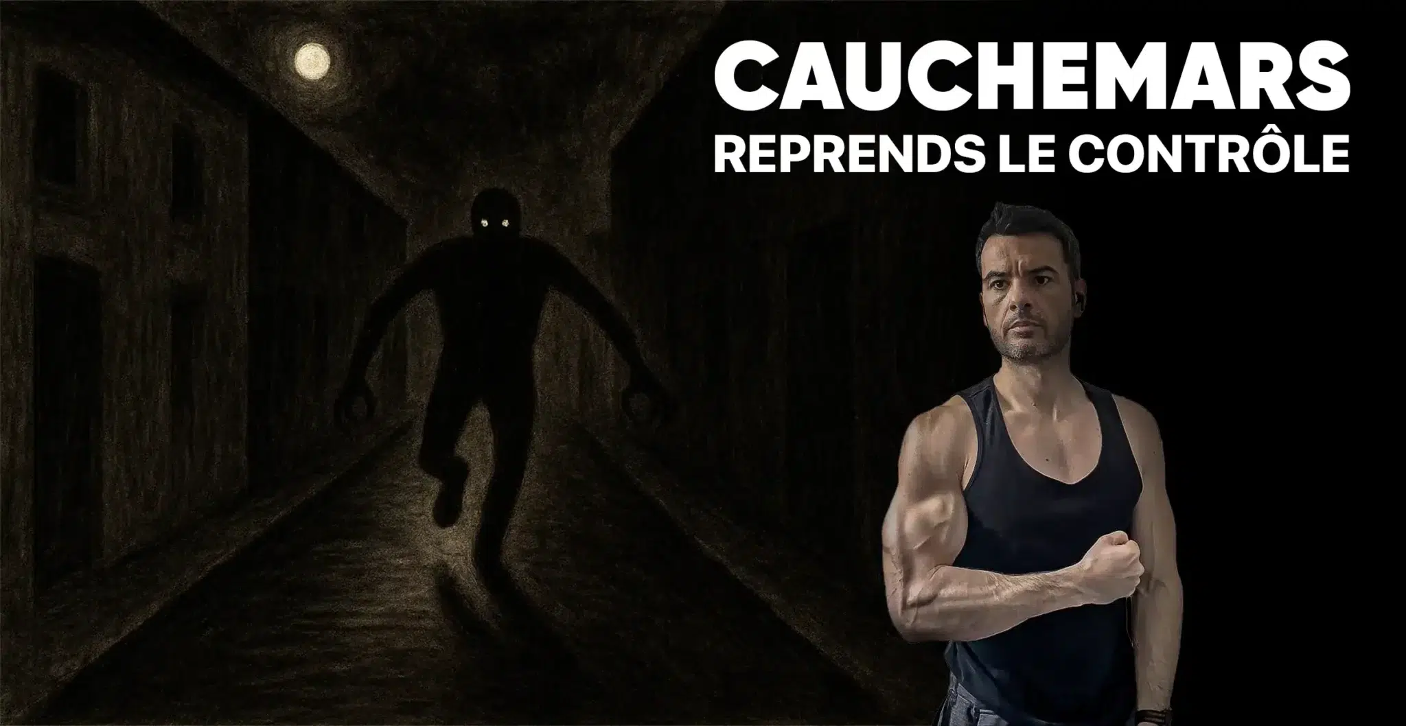 Homme déterminé face à une silhouette de cauchemar dans une ruelle sombre, illustrant la reprise de contrôle sur le sommeil et la santé mentale