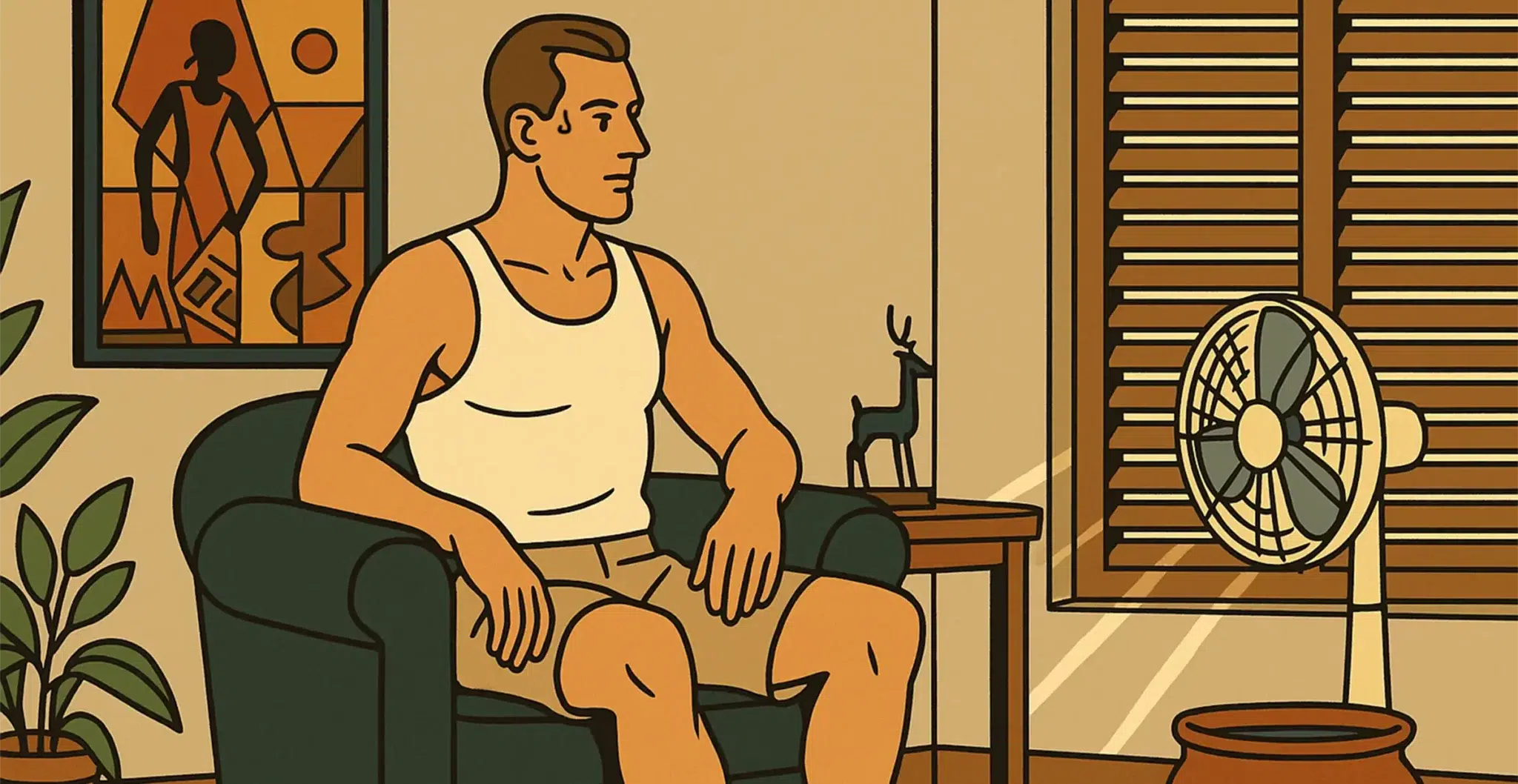 Homme assis devant un ventilateur, volets fermés, appliquant des astuces pour garder la maison fraîche sans climatisation