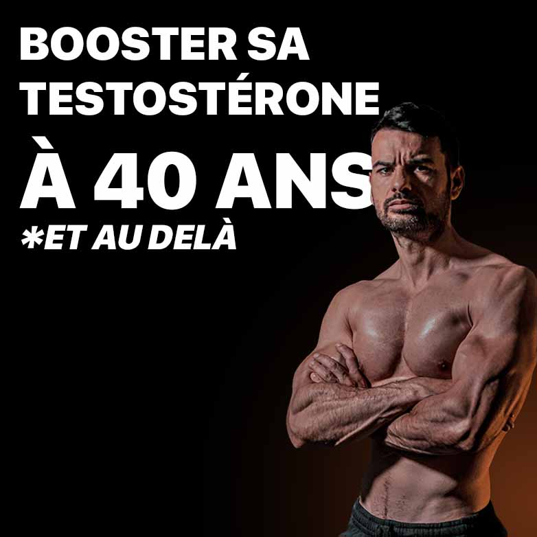 Homme musclé confiant sur un fond noir avec le texte « Booster sa testostérone à 40 ans et au-delà », représentant la quête de vitalité masculine après la quarantaine