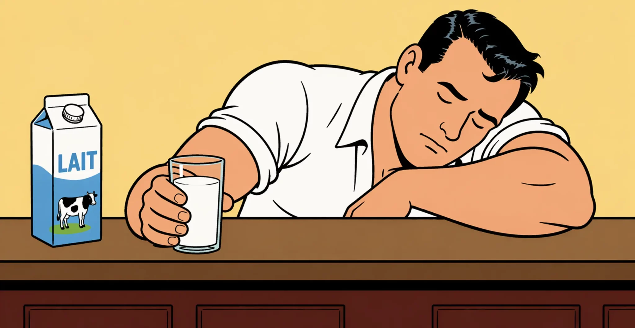 Homme fatigué affalé sur un comptoir après avoir bu un verre de lait de vache