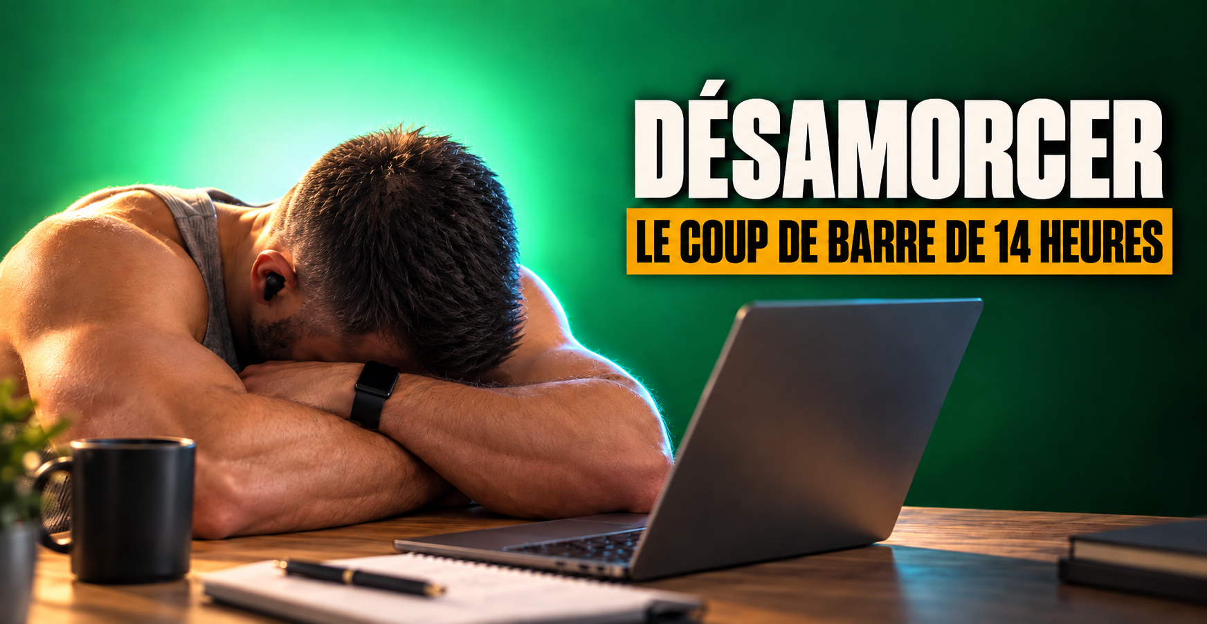 Homme endormi sur ses bras au bureau, devant un ordinateur portable. Texte : « Désamorcer le coup de barre de 14 heures ».