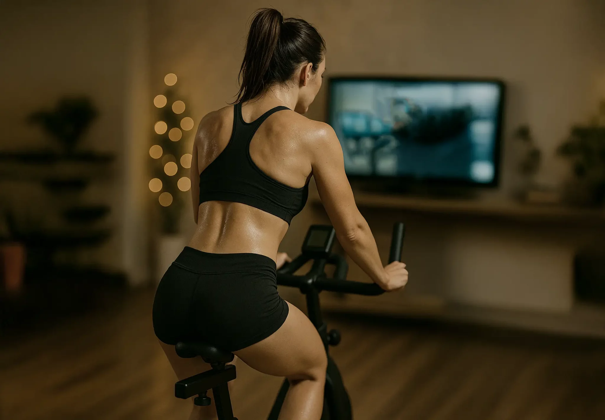 Femme en sèche musculaire faisant du cardio à domicile sur vélo d’appartement