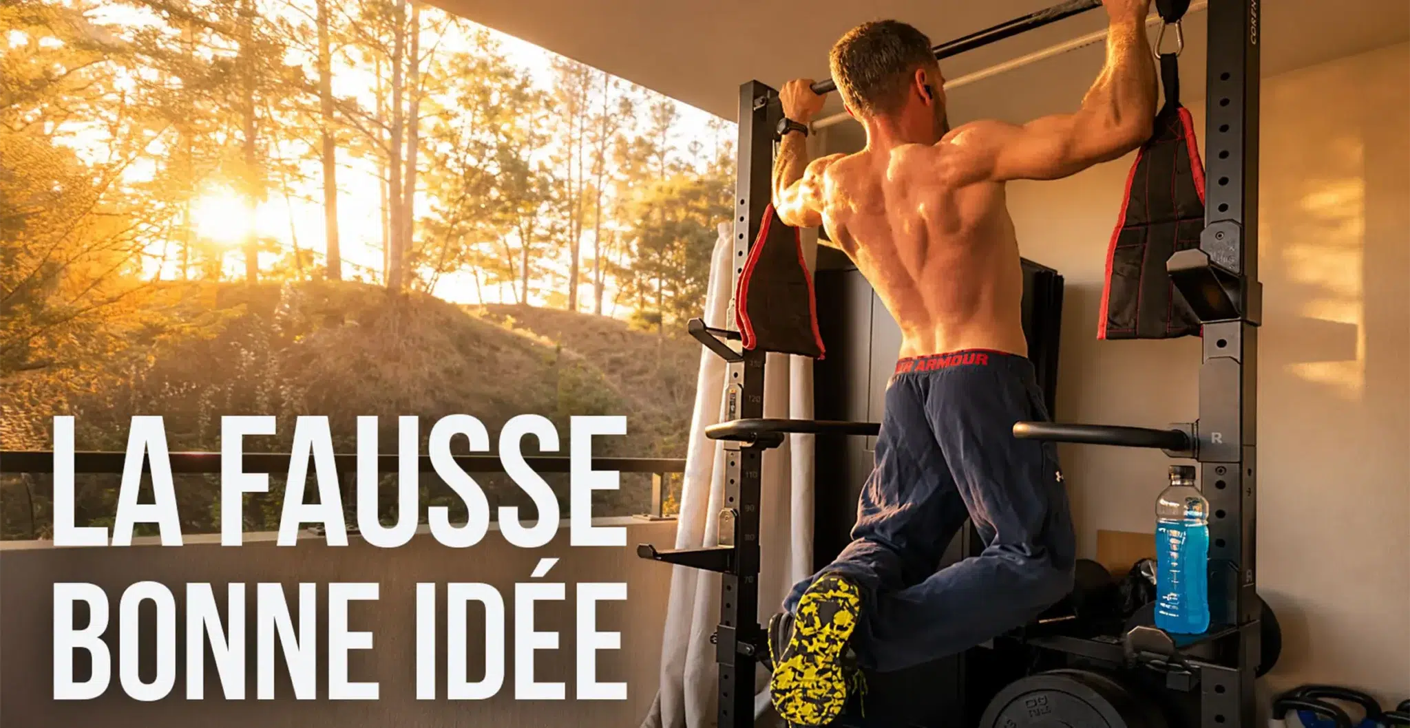 Homme aux tractions avec boisson sportive bleue et texte La fausse bonne idée sur les glucides en musculation