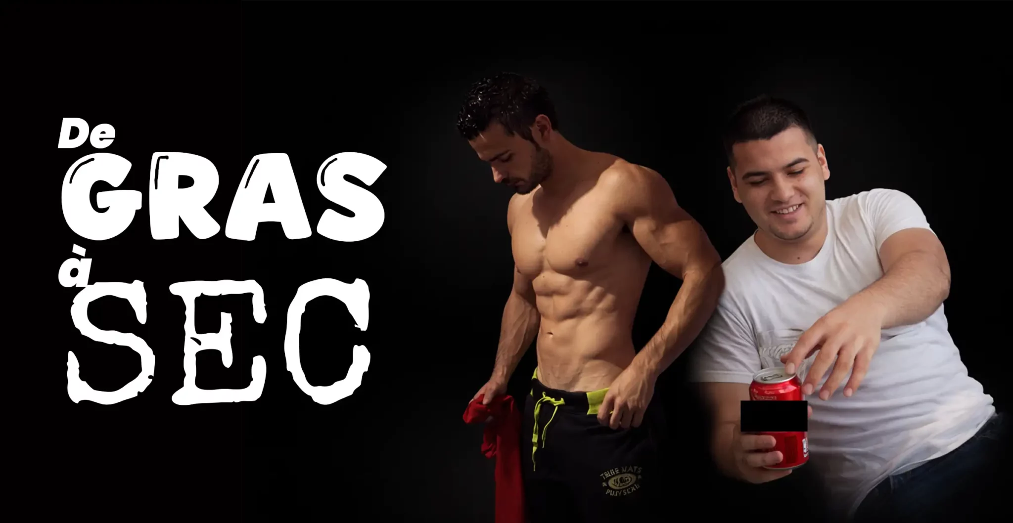 Illustration avant après de transformation physique homme : passage de gras du bide à sec avec perte de 23 kg, contraste entre surpoids et corps sec avec abdos visibles