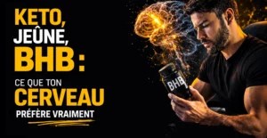 Homme analysant un flacon de BHB avec illustration d’un cerveau lumineux représentant l’énergie cérébrale produite par le jeûne intermittent et la diète cétogène