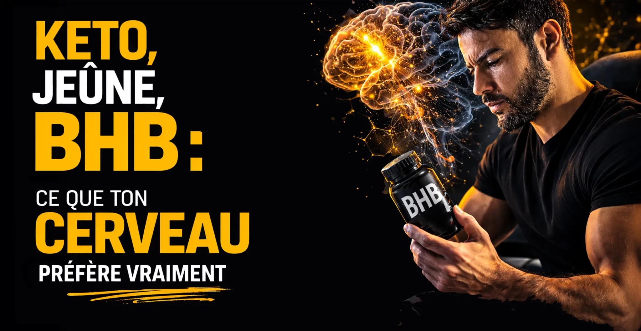 Homme analysant un flacon de BHB avec illustration d’un cerveau lumineux représentant l’énergie cérébrale produite par le jeûne intermittent et la diète cétogène