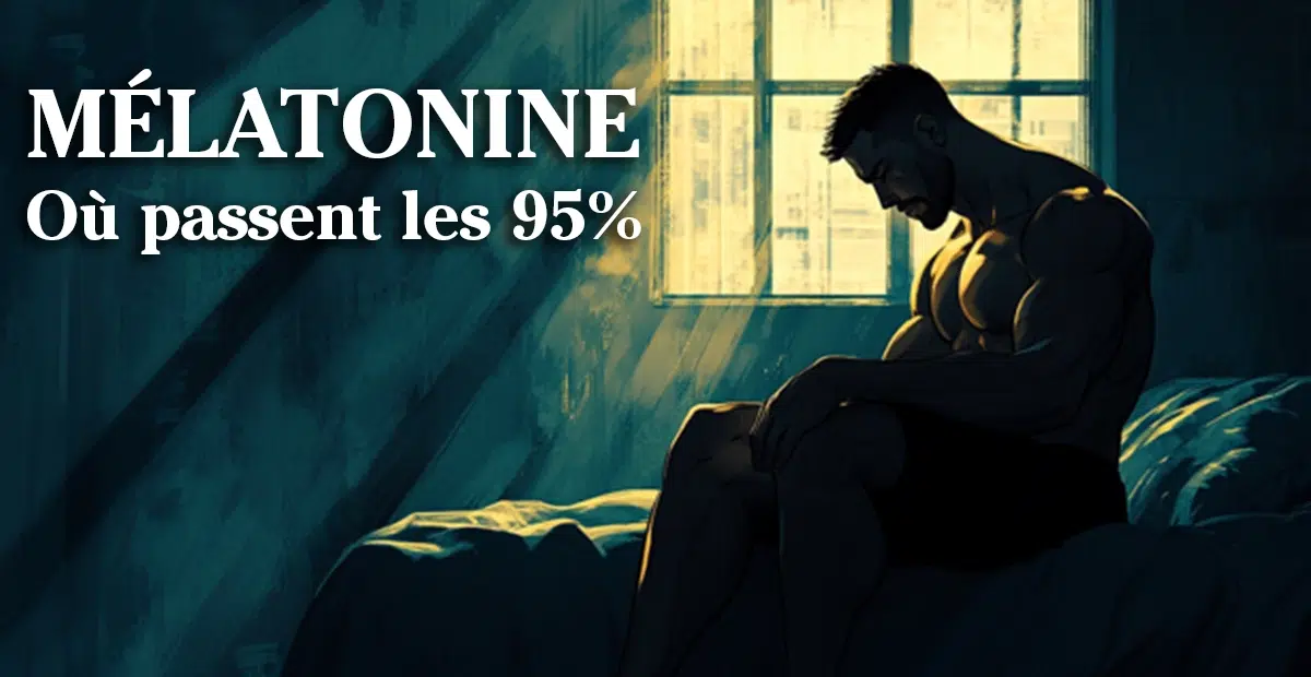 Homme musclé assis dans l'obscurité, symbolisant l'impact de la mélatonine sur le sommeil et la récupération.