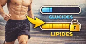 Illustration du crossover métabolique : barre de glycogène partiellement pleine en bleu et barre de lipides pleine mais verrouillée en or, avec un coureur en arrière-plan, représentant le mur du marathonien causé par l'épuisement du glycogène et le blocage de l'oxydation des graisses