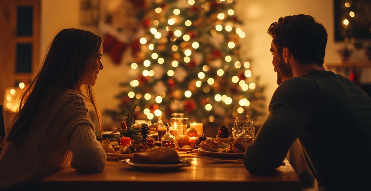 Repas de Noël festif en famille avec une ambiance chaleureuse et décorations de Noël illuminées.