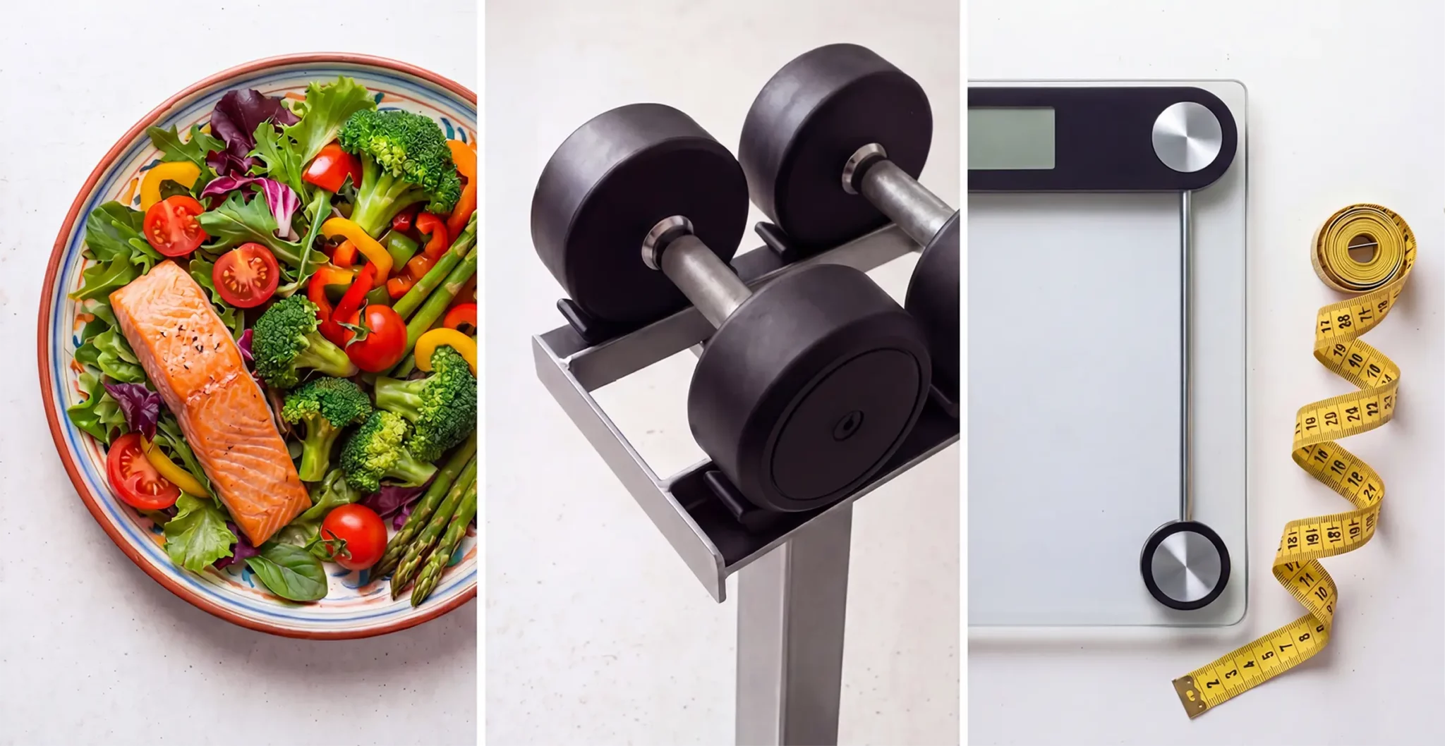 Stratégies pour éviter la perte de masse musculaire sous traitement GLP-1 : alimentation protéinée, haltères pour musculation et suivi de la composition corporelle.