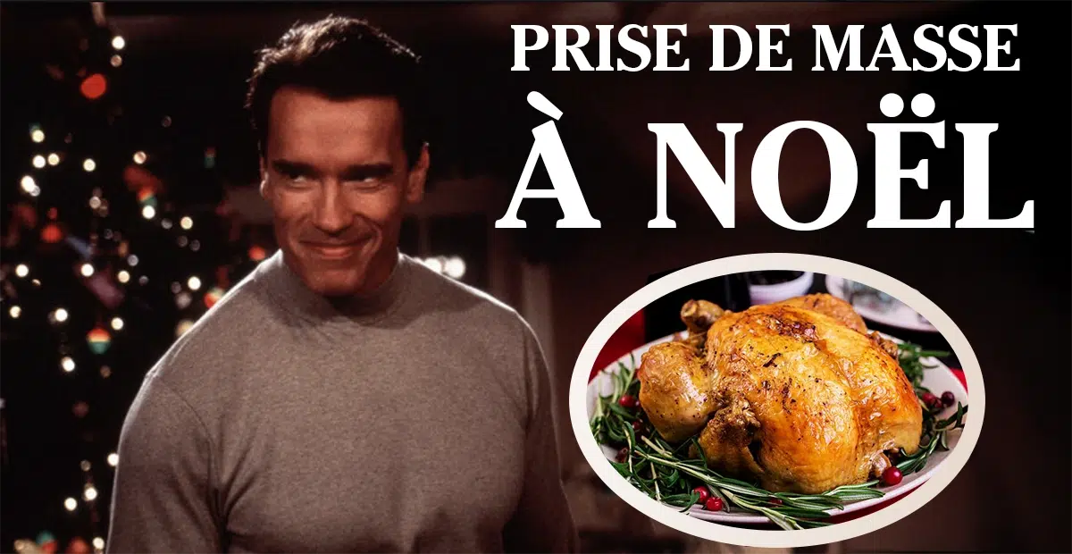 Arnold Schwarzenegger avec une dinde festive, illustrant la prise de masse pendant Noël et l’équilibre entre plaisir et objectifs fitness.