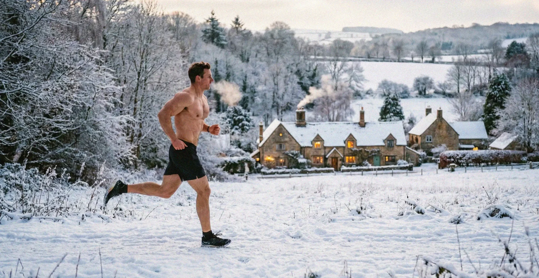 Homme athlétique pratiquant un programme hybride en courant torse nu dans la neige, combinant musculation et cardio dans un entraînement réaliste et fonctionnel