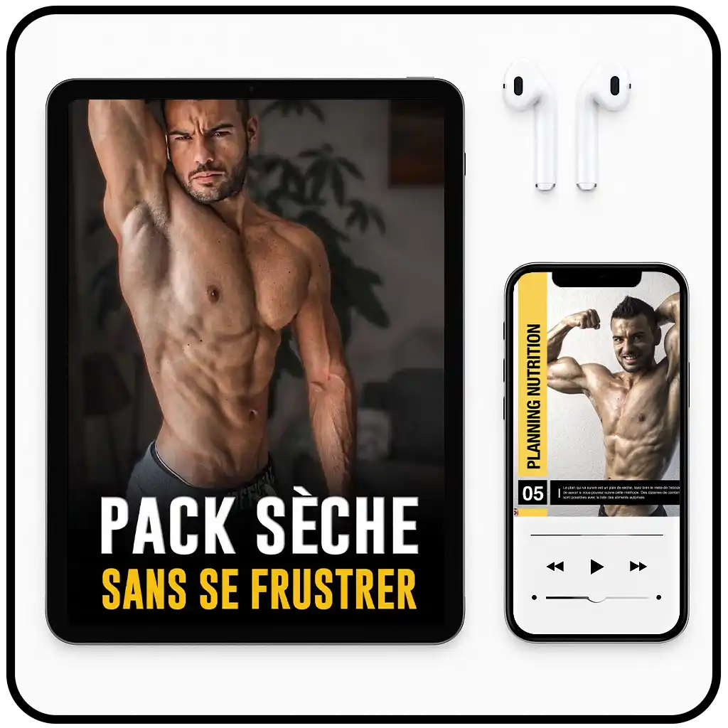 pack sèche homme : e‑book ventre plat sur tablette, audio coaching sur smartphone, écouteurs