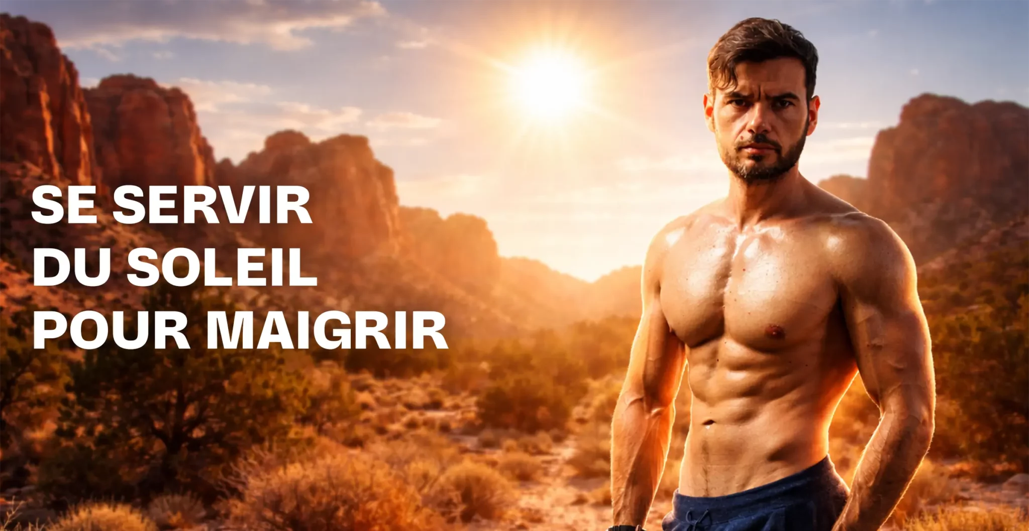 Homme musclé torse nu s'entraînant au soleil en extérieur avec texte se servir du soleil pour maigrir