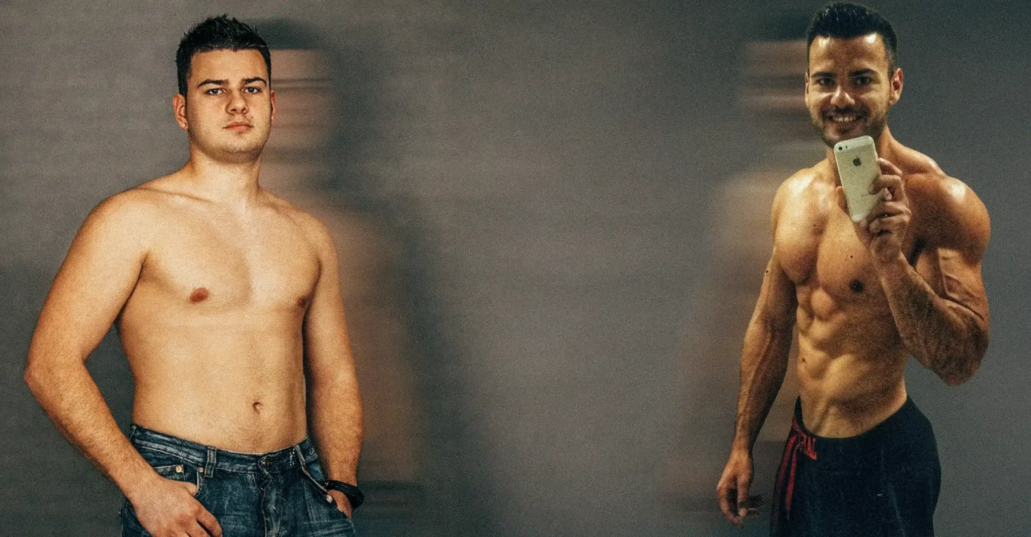 Photo avant-après d'un homme ayant réussi à sécher bas du ventre et du dos, éliminant ses poignées d'amour pour afficher des abdominaux visibles et secs.