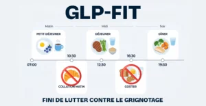Infographie montrant un programme alimentaire pour stimuler le GLP-1 naturellement et arrêter le grignotage avec 3 repas équilibrés.