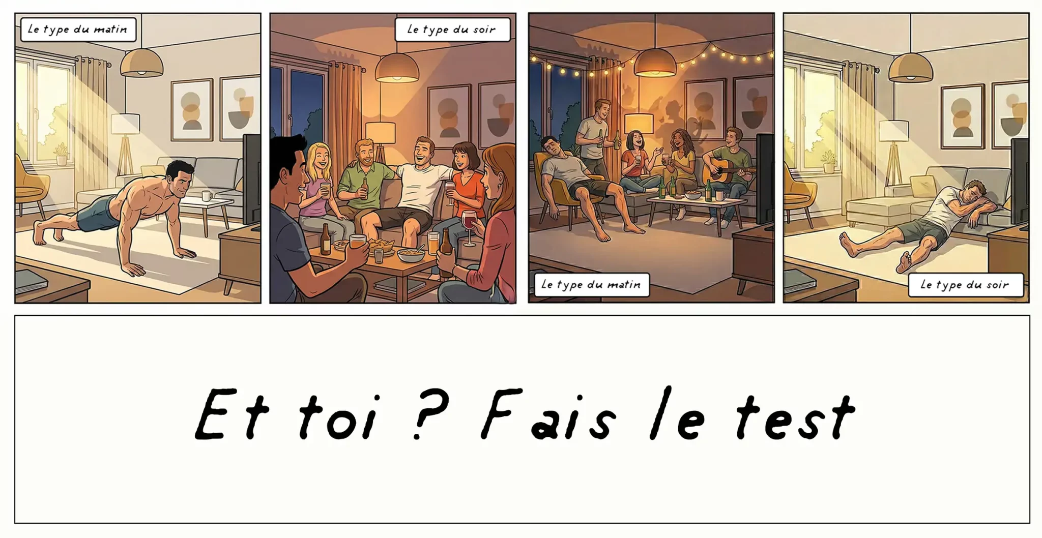 Illustration comparant le profil du matin et le profil du soir : une personne active le matin qui s’entraîne tôt et une personne du soir plus énergique en soirée, montrant la différence d’heure de réveil et de chronotype