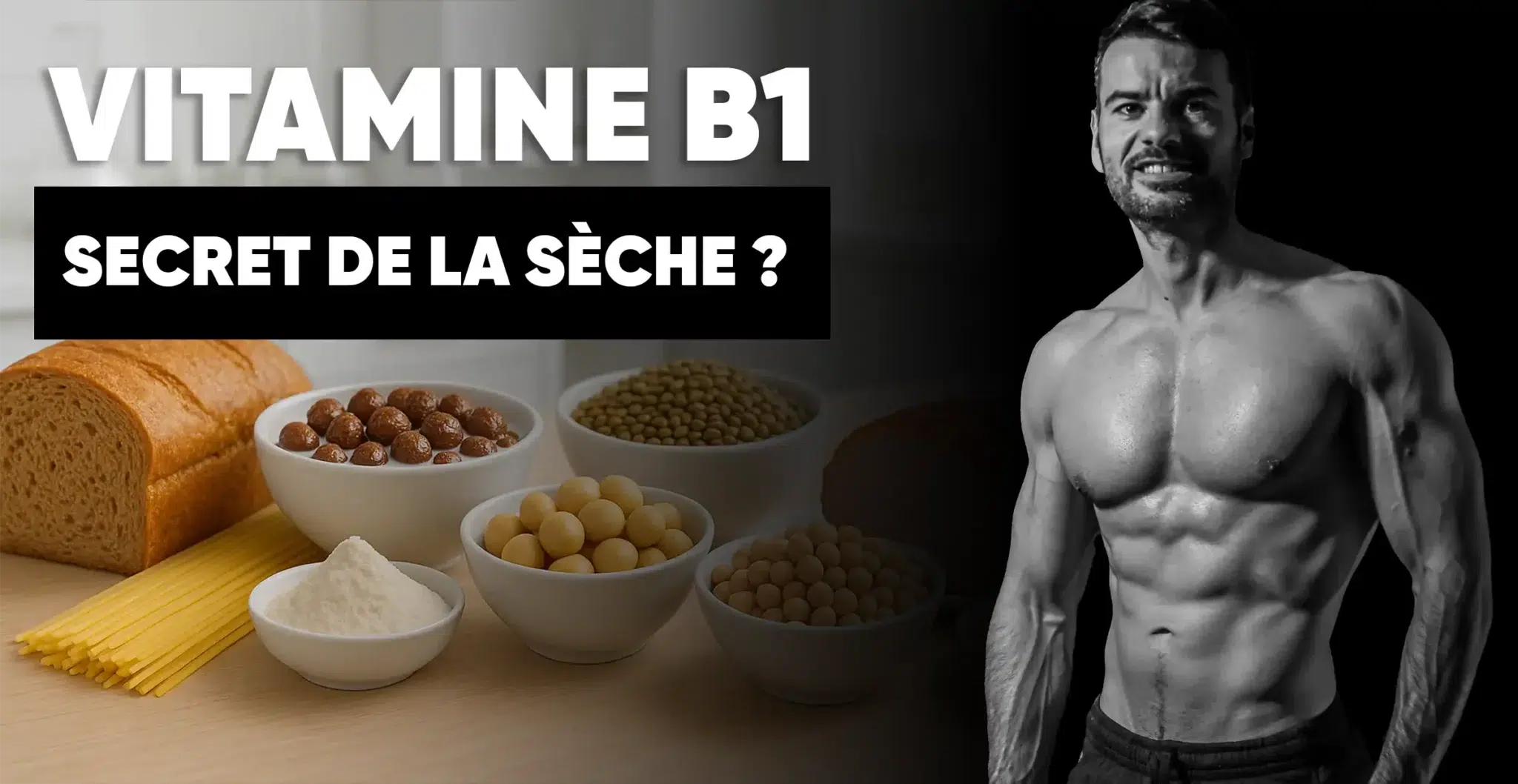 Photo illustrant le rôle de la vitamine B1 sur la sèche en musculation, les glucides et le métabolisme énergétique avec aliments riches et un homme musclé